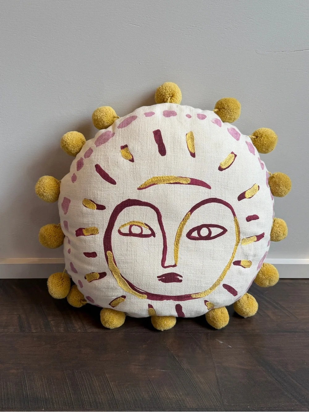 Anthropologie Sun Face Pom-Pom Decorative Throw Pillow - Yellow